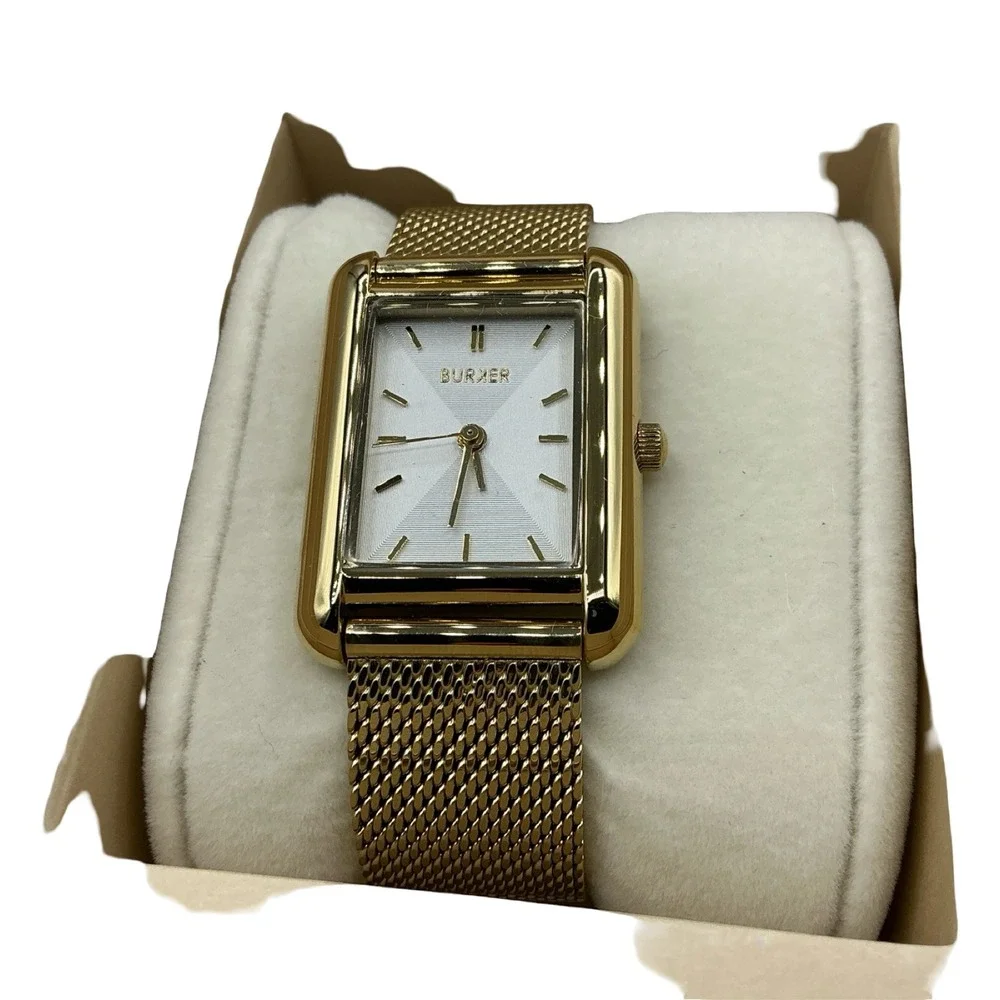 Burker Women Gold Tone Rectangular Mesh Band Watch White Dial Textured Analog